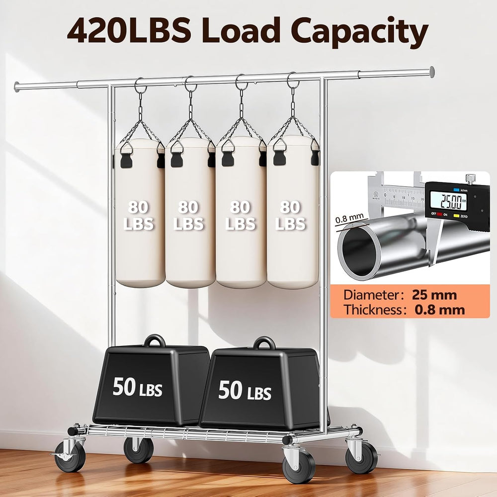 Heavy Duty Clothes Rack, Rolling Clothing Rack Load 420 LBS, Silver