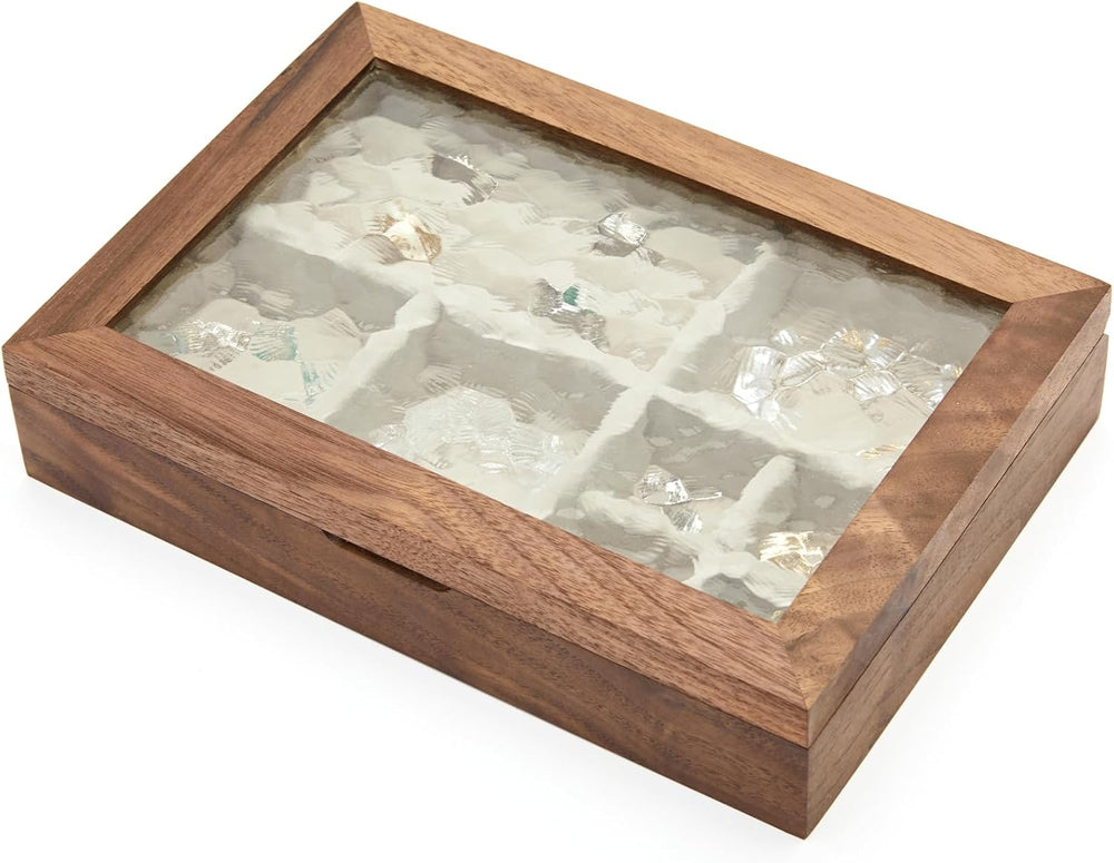 pandapark Wooden Jewelry Box with Glass Lid, Multi-Compartment Storage Displa...