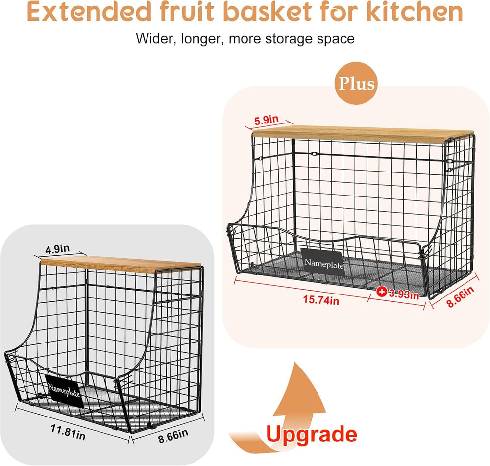 3 Pack Extra Large Fruit Basket for Kitchen with Wood Lid Nameplate - Counter...
