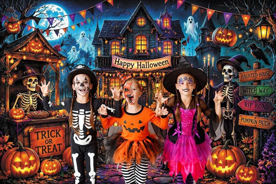 10x8ft Halloween Spooky Skeleton Ghost Photography Backdrop, Horror Castle Sc...