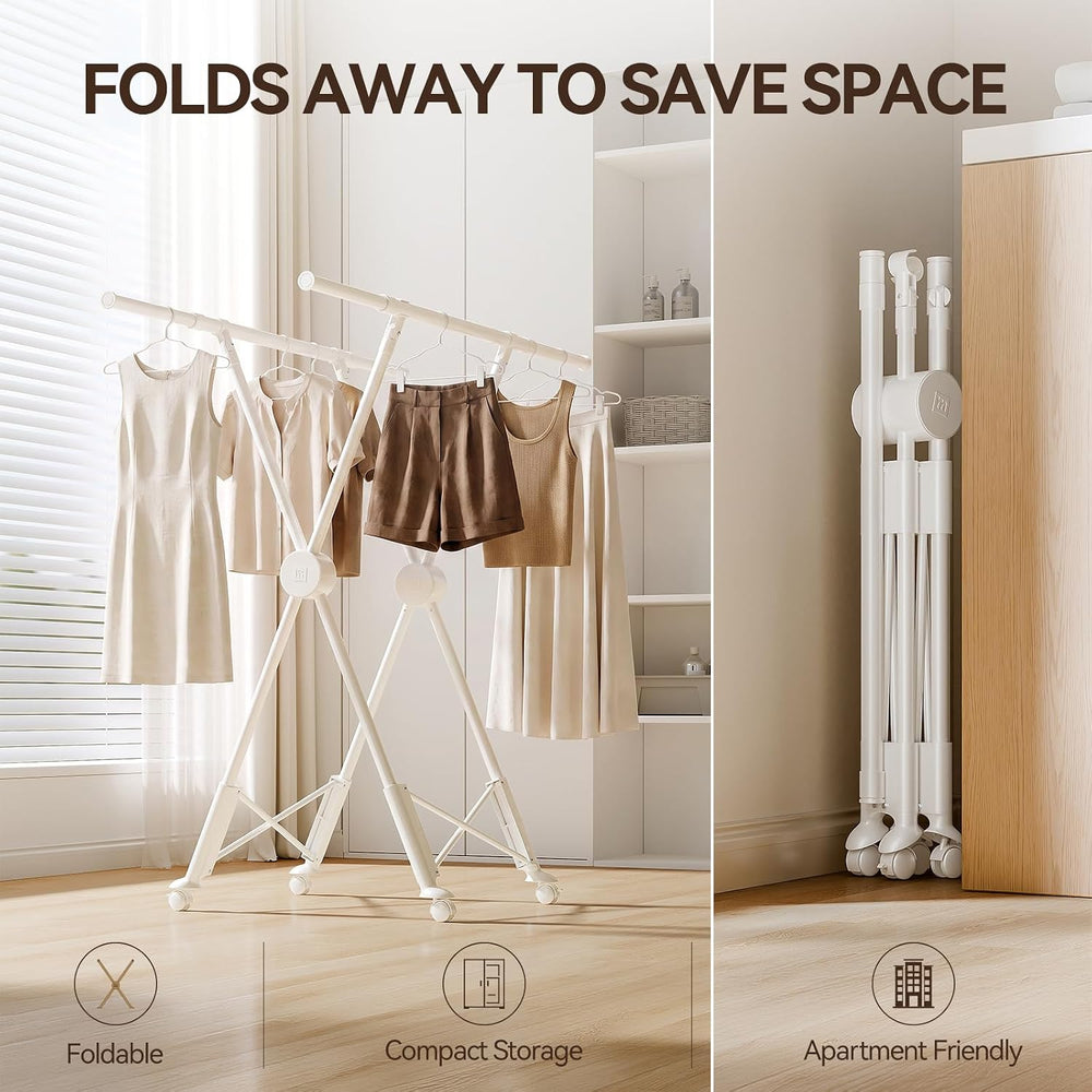 SUJI Clothes Drying Rack , Dual Rod with Wheels, Cream White Foldable
