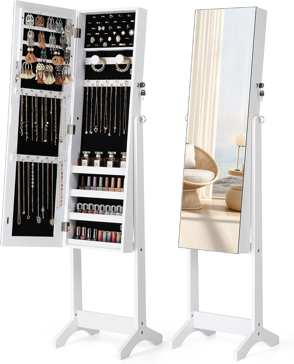 Nicetree Freestanding Jewelry Cabinet, Full Length Mirror, Moon White