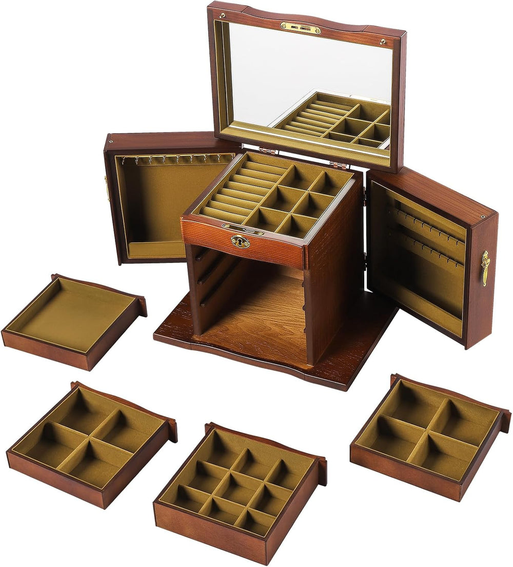 Large Wooden Jewelry Box with Mirror and Lock, 5 Layers Locking Jewelry Organ...