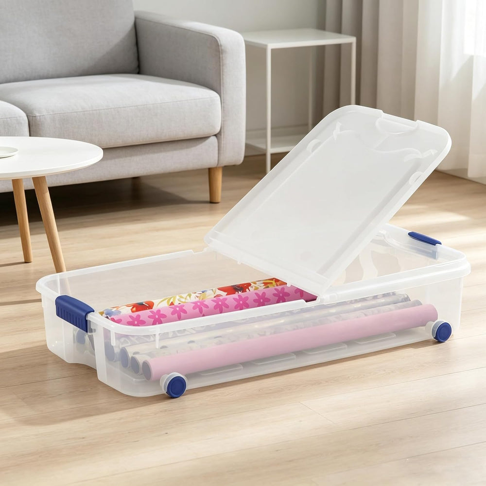 66 Quart Clear Plastic Underbed Storage Bin with Latching Lid and Wheels, Sta...