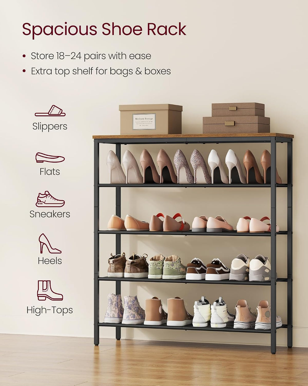 VASAGLE 5-Tier Shoe Rack, 18-24 Pairs, Metal Mesh