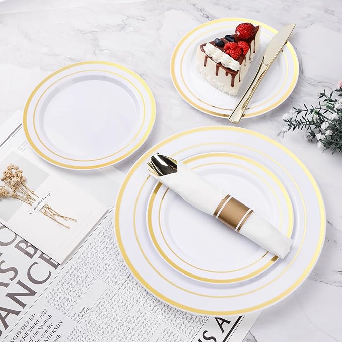 BESTVIP 175PCS Gold Plastic Dinnerware Set, Disposable Party Plates for 25 Gu...