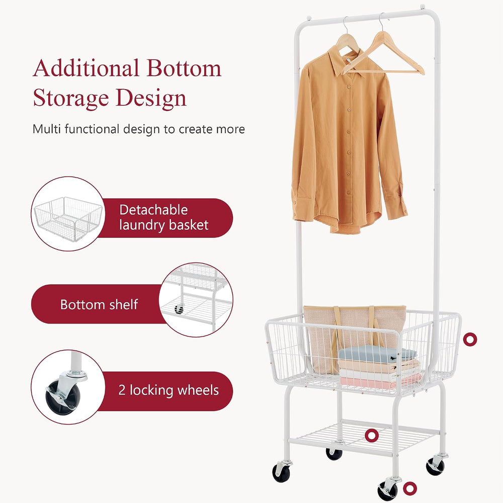 Tajsoon Rolling Laundry Cart with Hanging Rack & Storage Basket, White