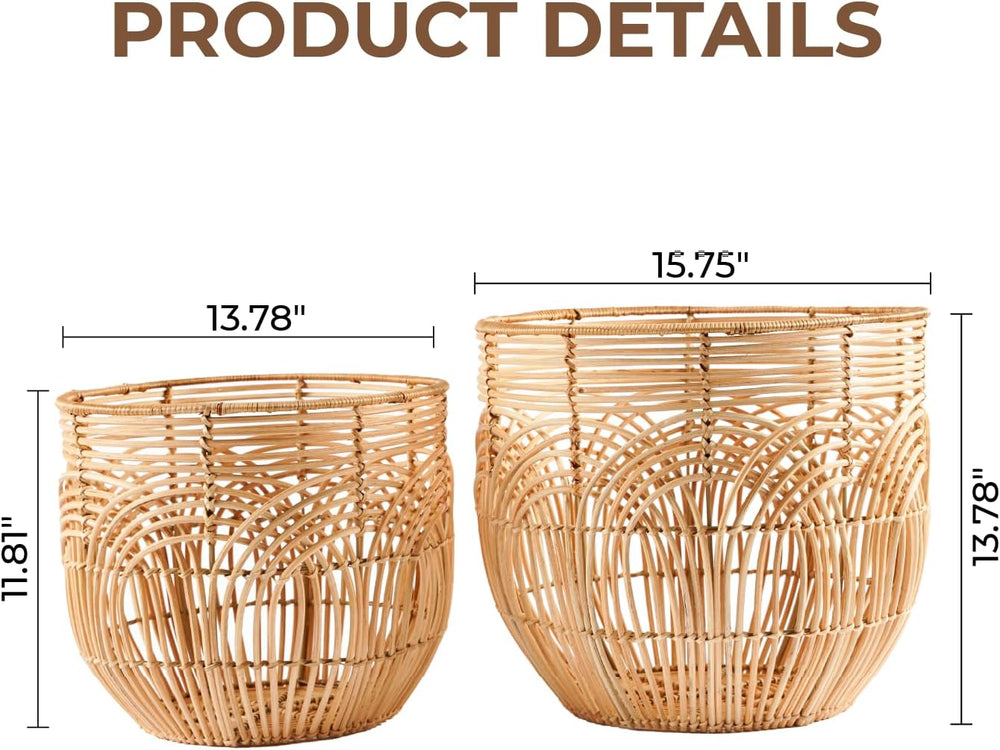Set Of 2 Large Woven Blanket Baskets | Round Wicker Rattan Storage Floor Bask...