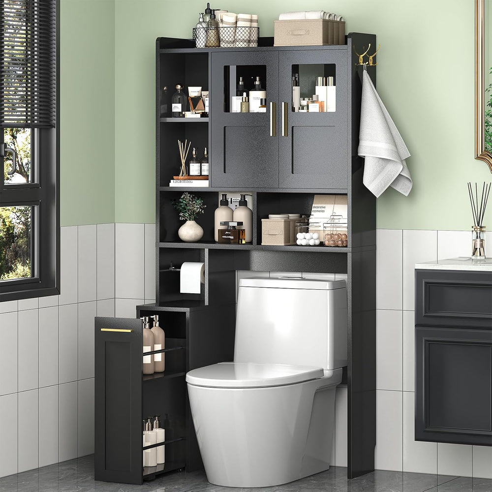 Over The Toilet Storage Cabinet with Pulley & Acrylic Doors, Black