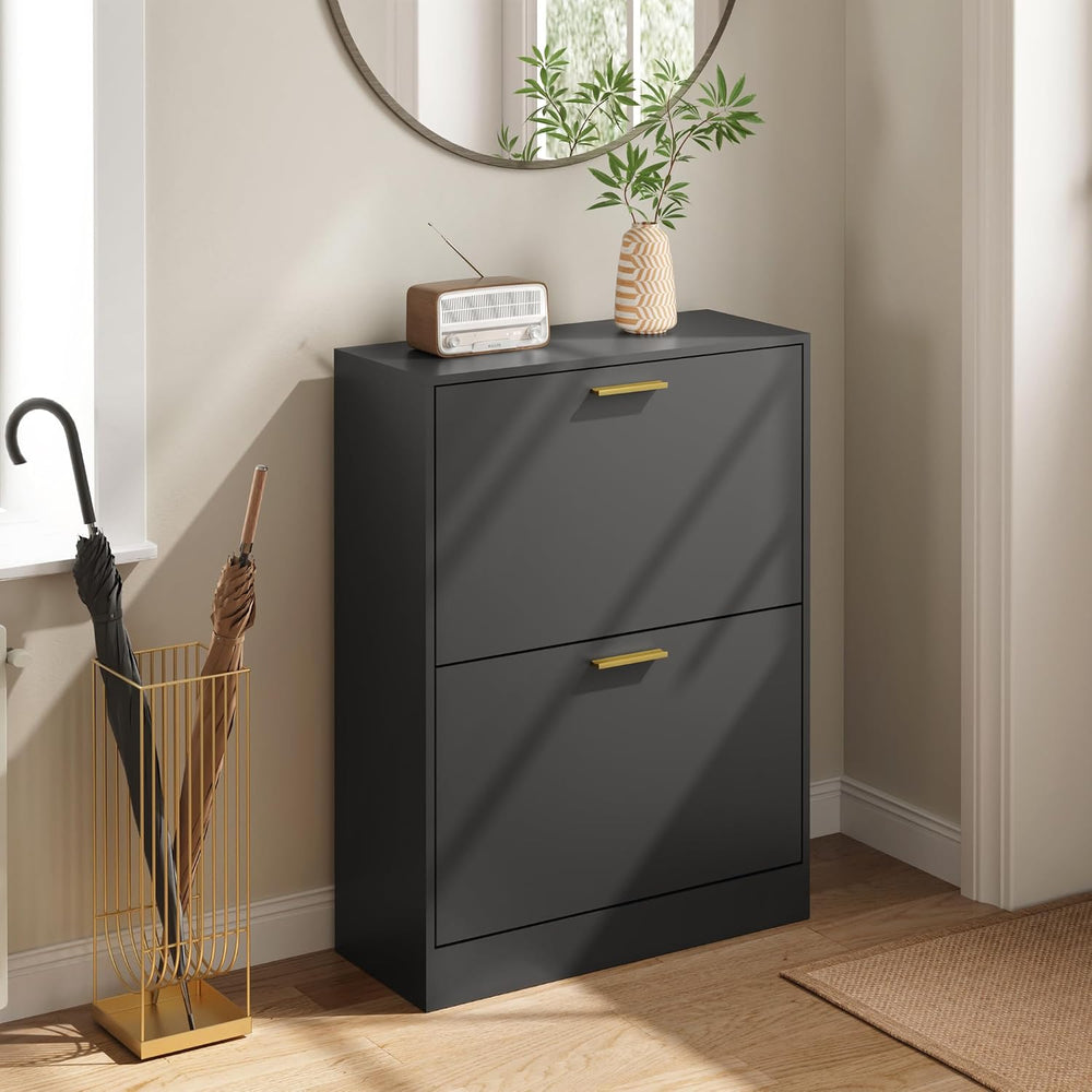Shoe Cabinet Storage with 2 Flip Drawers and Closed Base, Black丨Hidden Shoe O...
