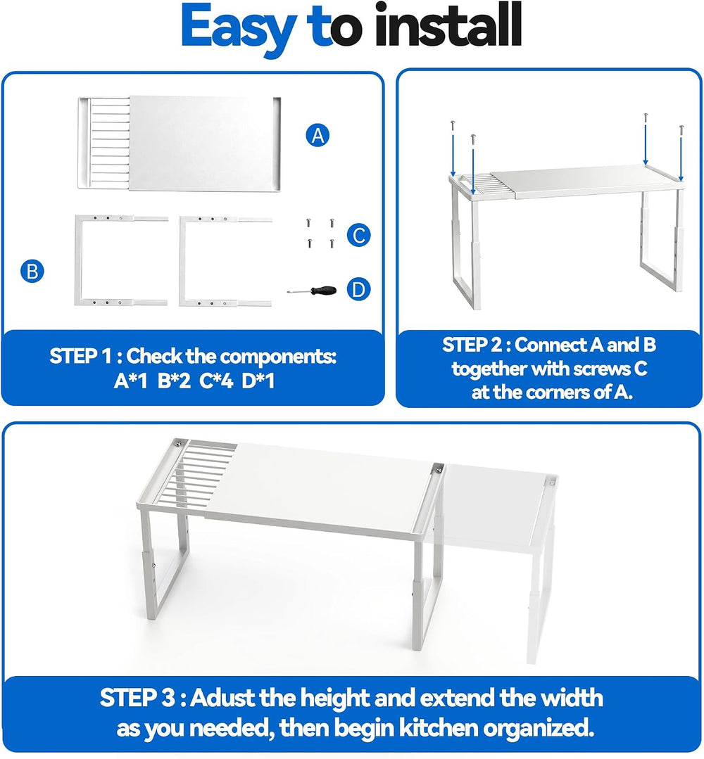 2 Packs Expandable Cabinet Shelf Organizer, Stackable Countertop Shelves