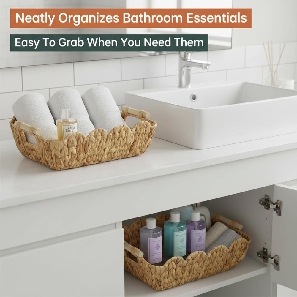 2 Pack Wicker Baskets, Cute Scalloped Baskets,Natural Water Hyacinth