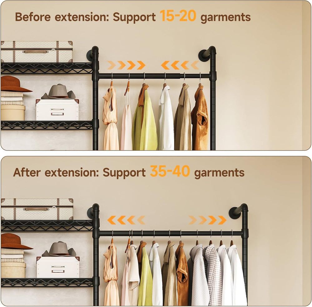 H2 Wall Mounted Clothing Rack, Expandable Industrial Pipe Clothes Rack Garmen...