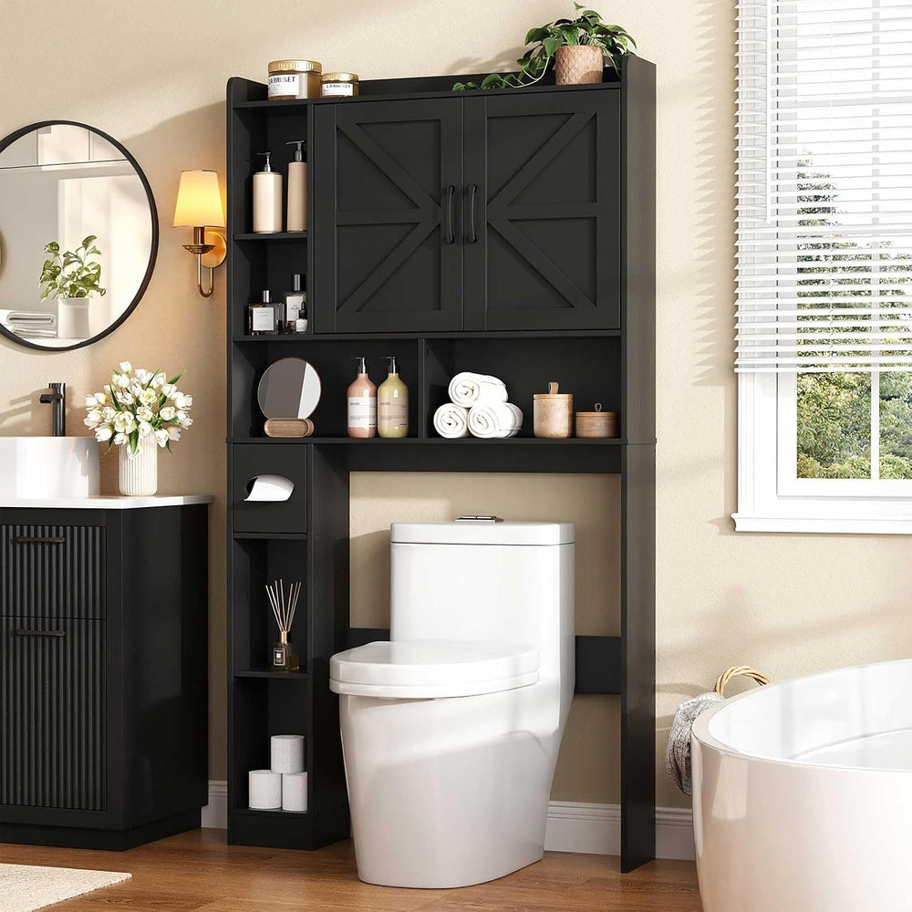 Vabches Over The Toilet Storage Cabinet with 2 Barn Doors, Black