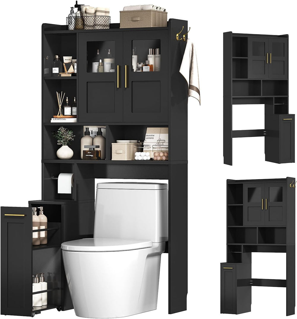 Over The Toilet Storage Cabinet with Pulley & Acrylic Doors, Black