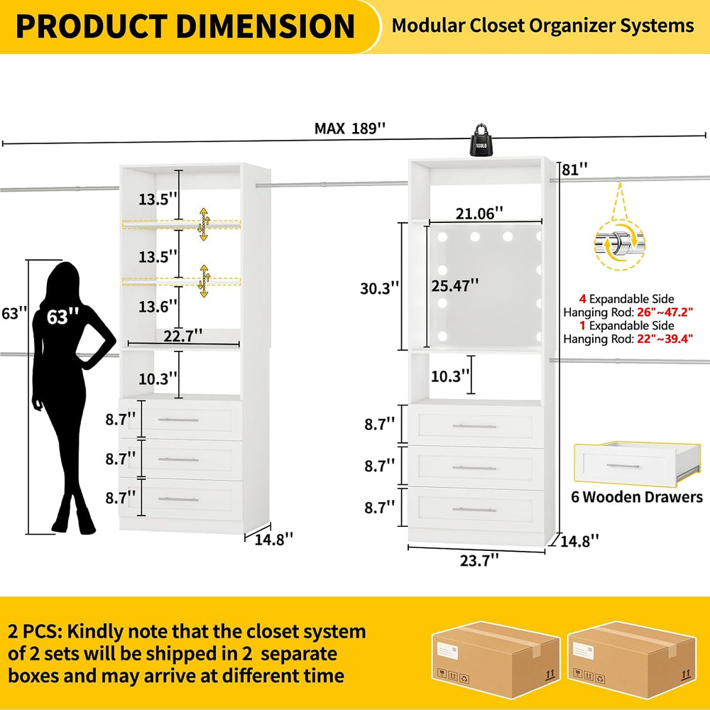 Closet System with 6 Drawers & Mirror, 4-12FT Closet Organizer System wit...