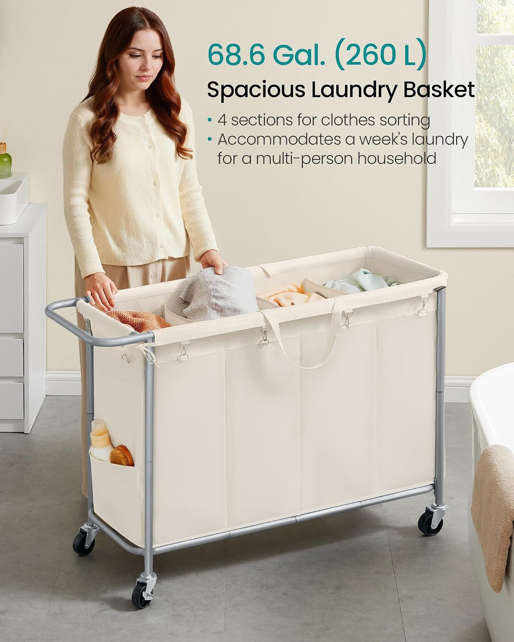 SONGMICS Laundry Basket with Wheels, 4-Section, 68.6 Gallons (260 L)