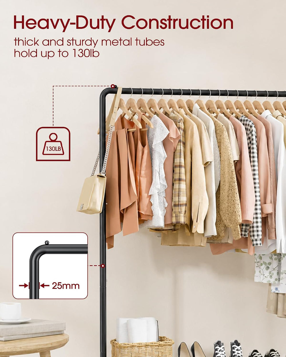 Sakugi Clothes Rack - Clothing Rack with Storage Mesh Shelf & Casters, He...