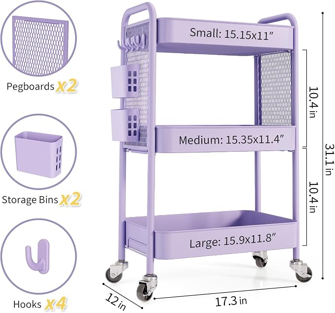 TOOLF 3 Tier Rolling Cart Storage Organizer, Metal Rolling Utility Cart