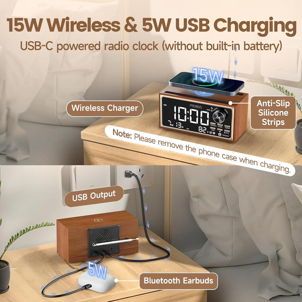PRUNUS J-177 Retro Vintage Alarm Clock Radio with Fast Wireless Charging