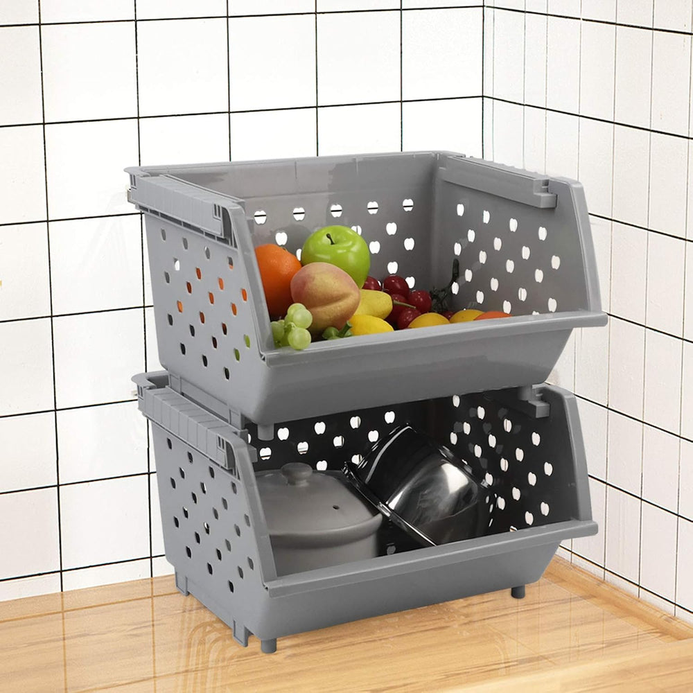3 Pack Stacking Open Front Storage Bins, Gray Stackable Basket
