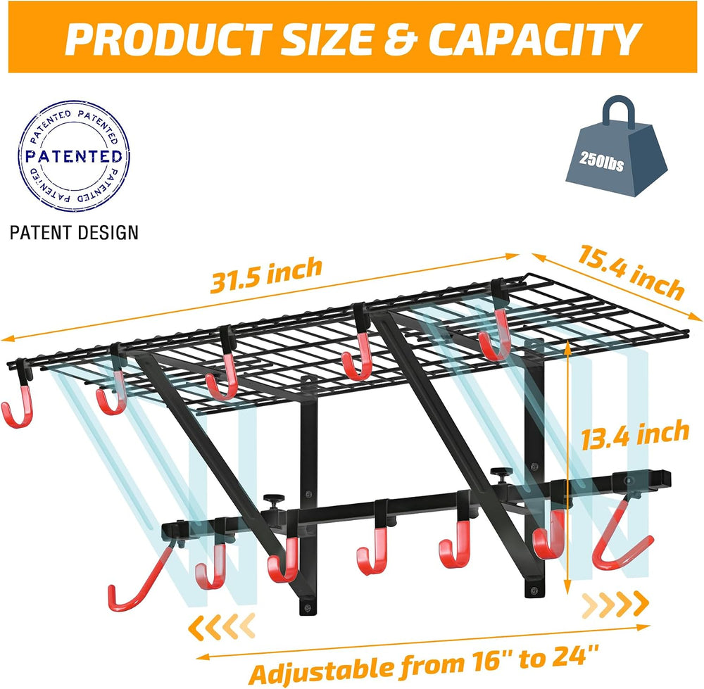 Garage Wall Shelving with Bike Hooks, Adjustable Storage Rack