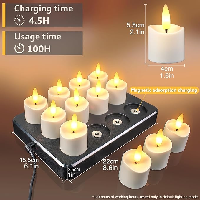 HL Rechargeable Waterproof Tea Lights,100H+ Highly Bright Led Flameless Candl...