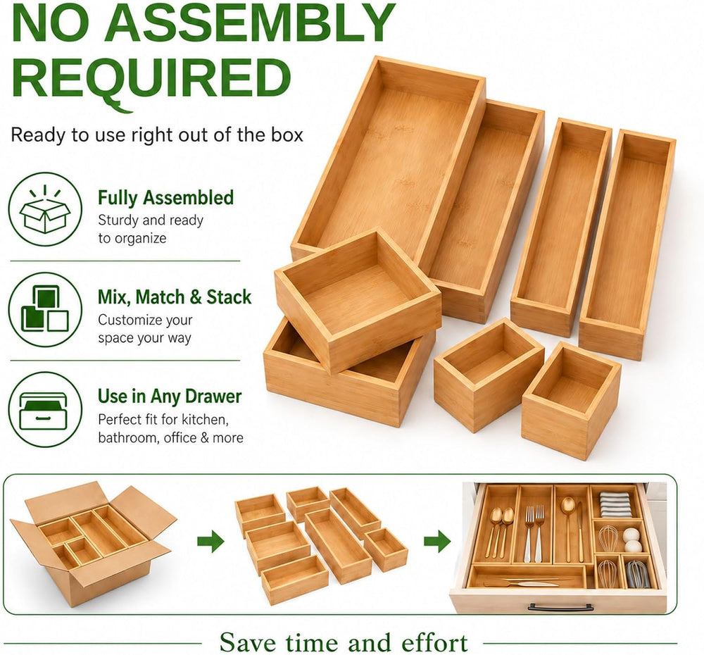 LEIMO KPARTS 8 Pcs Bamboo drawer Organizer Storage Box, Bin Set - Multi-Use b...