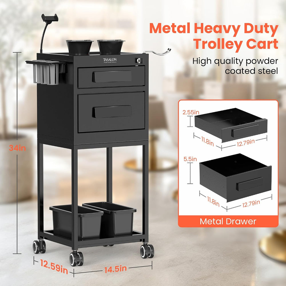TASALON Metal Salon Trolley Cart with Wheels, 2 Drawers & 2 Magnetic Bowls