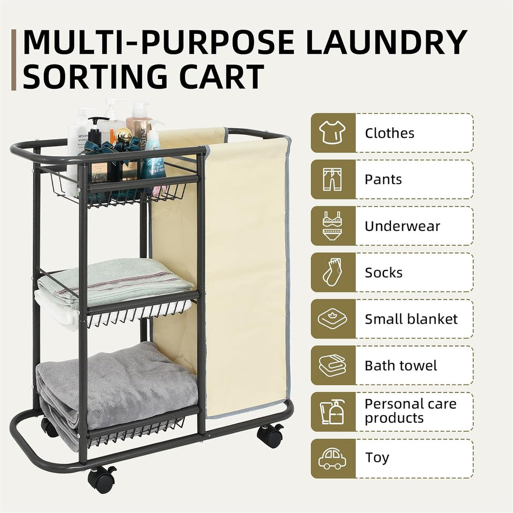 Narrow Laundry Sorter Cart with Wheels, 3 Tier Laundry Storage Cart, Beige