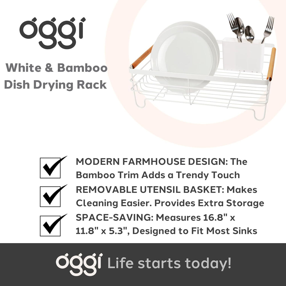 Oggi Large Dish Drying Rack - White & Bamboo Dish Drying Rack, Drying Rac...