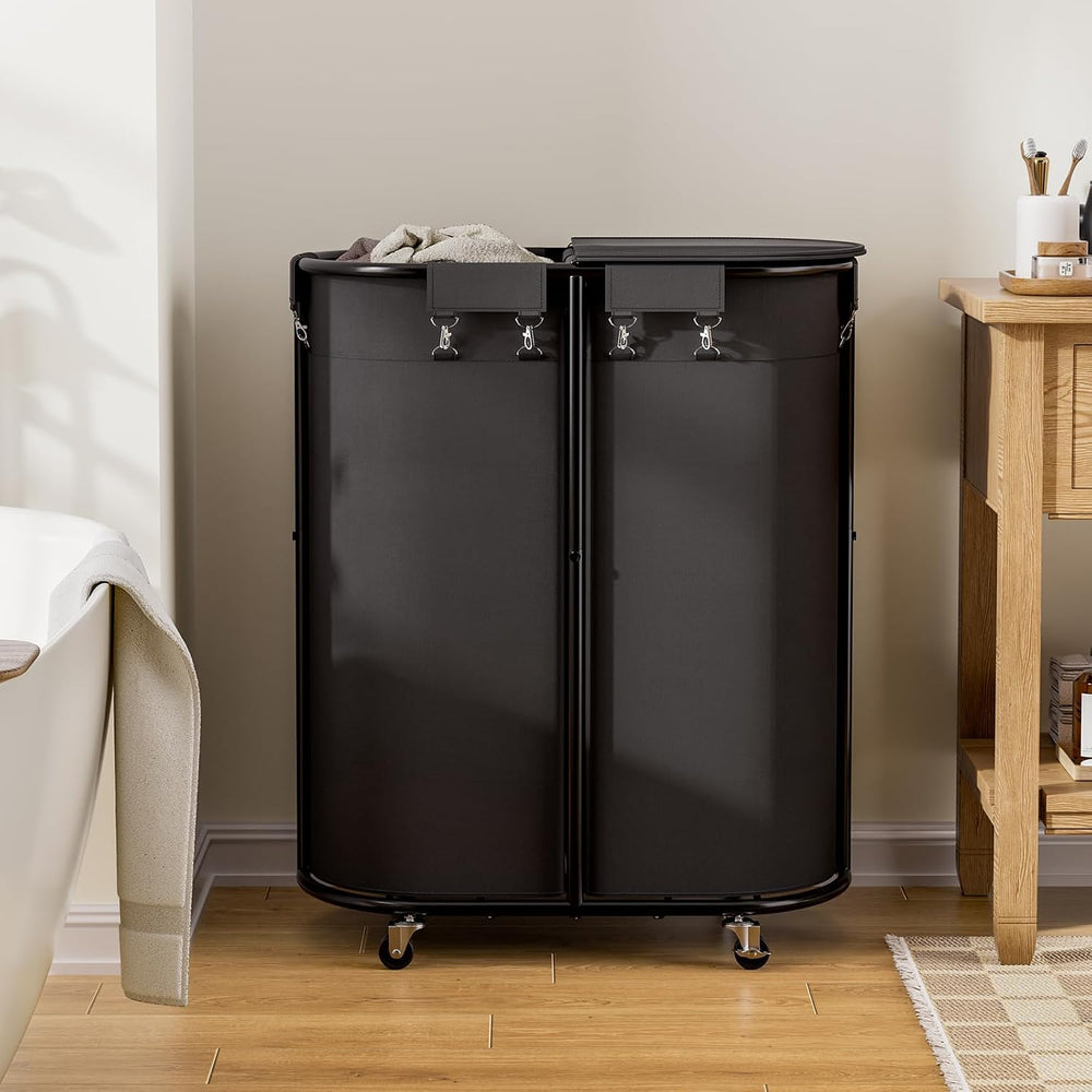 200L Double Laundry Hamper with Lid & Wheels, Oval Rolling Laundry Basket