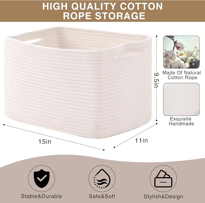 Storage Baskets for Organizing Shelves, Woven Cotton Rope Bins for Baby Nurse...