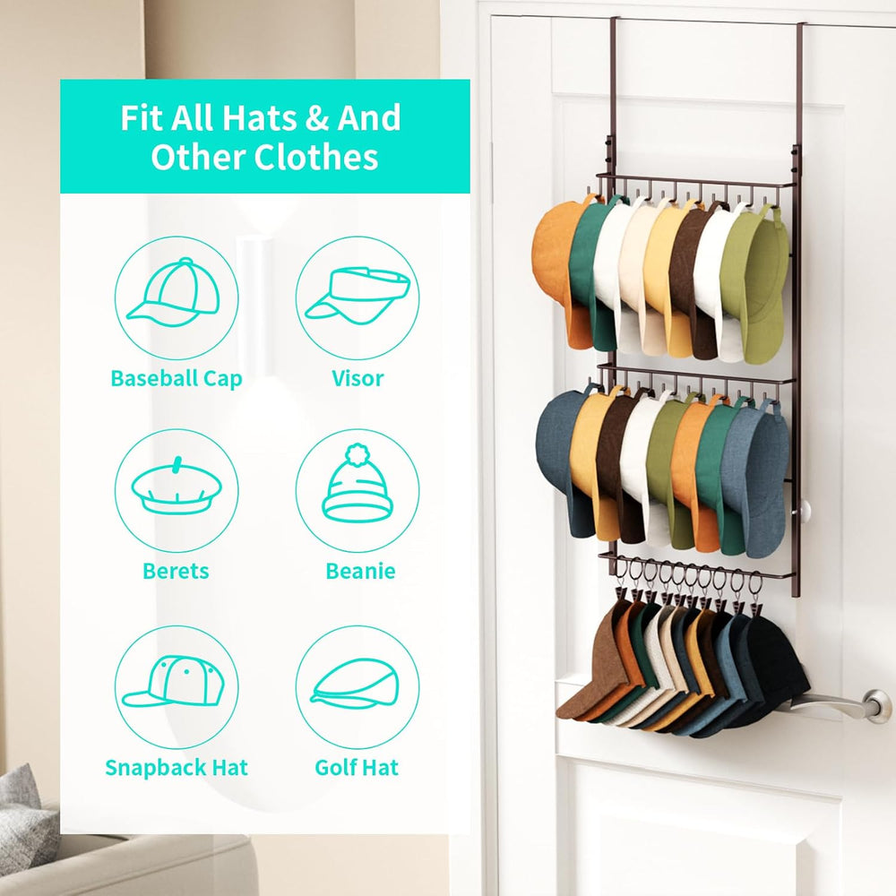 HapiRm Over Door Hat Rack - 3 Tier Wall Mounted Hat Organizer with 16 Hooks a...