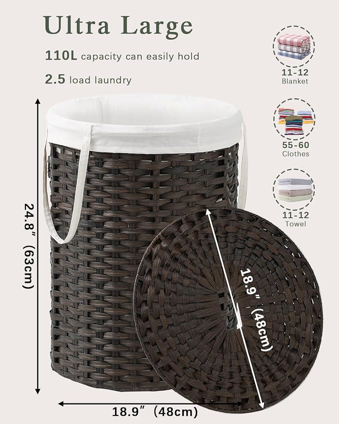Laundry Basket with Lid Round Rattan Laundry Hamper with Lid and Handles 29.1