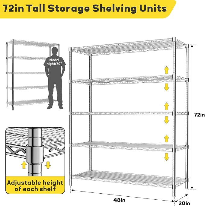 Storage Shelves, 5-Tier Adjustable Metal Industrial Utility Shelf Rack