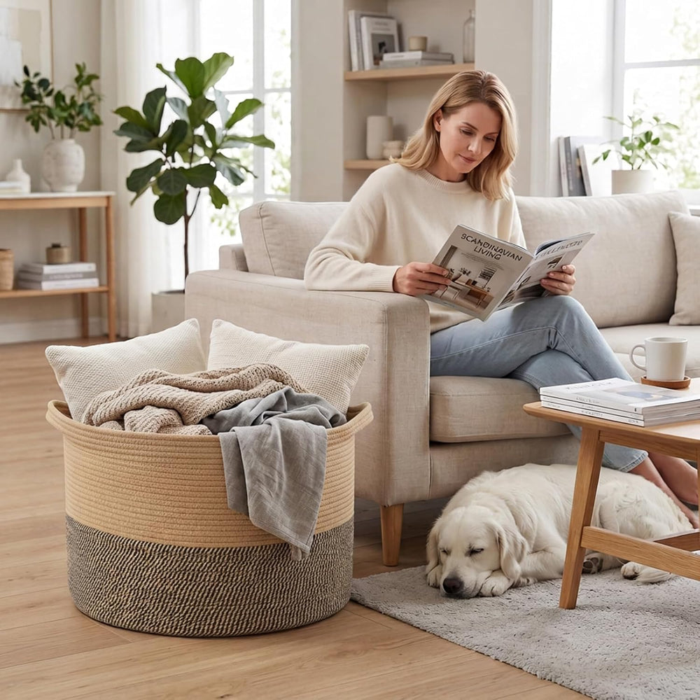 115L Extra Large Blanket Basket,Woven Laundry Basket-Jute&Black