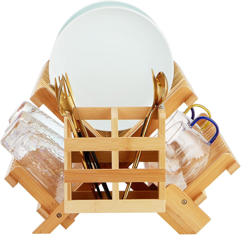 Bamboo Dish Drying Rack, 3-Tier Collapsible Wooden Dish Rack with Utensil Hol...