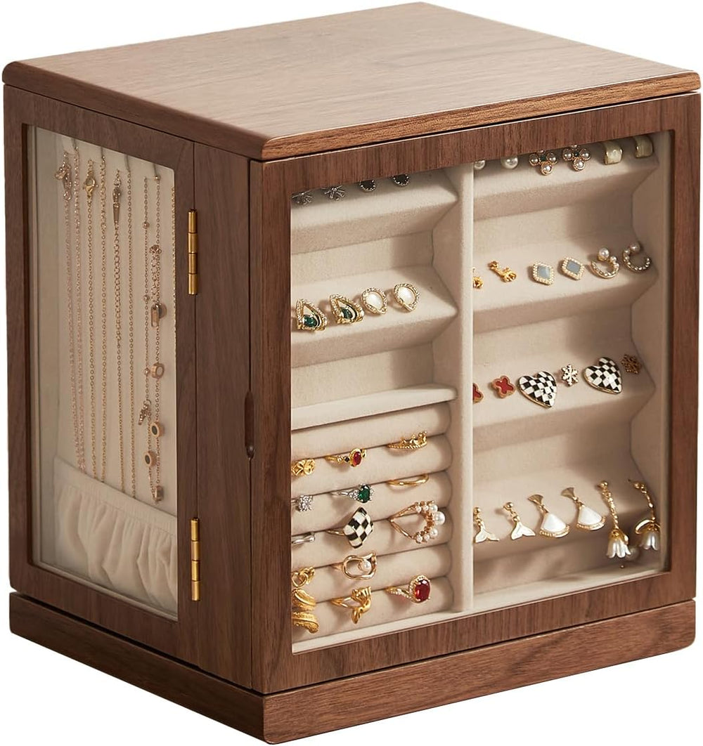Rotating Black Walnut Wooden Jewelry Box for Women, 5 Layer