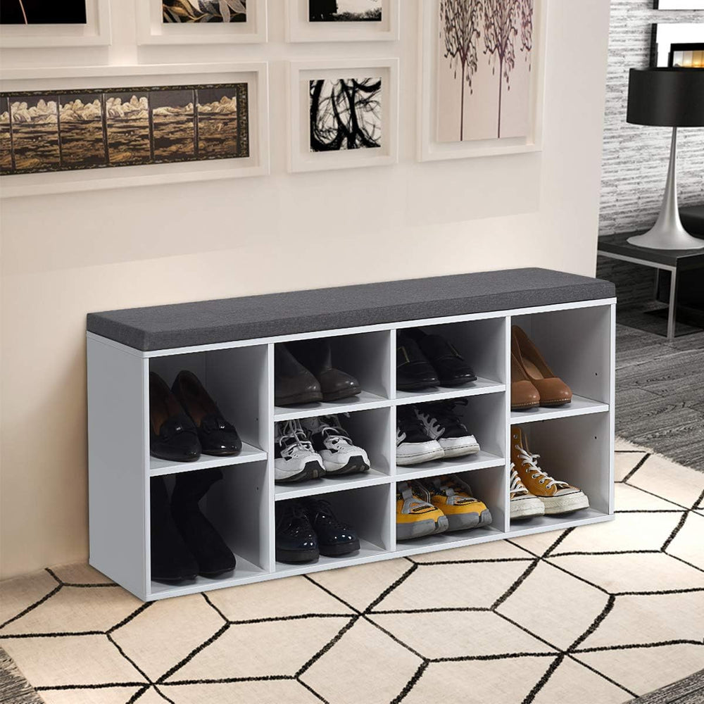 KOTEK Wooden Shoe Bench with Cushion, 10-Cube Shoe Rack Cabinet w/Adjustable ...
