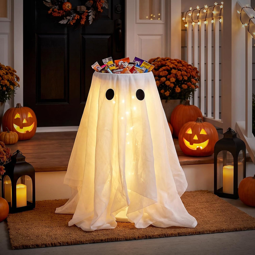 33" Lighted Ghost Candy Bowl Stand, Halloween Trick or Treat Holder Outdoor
