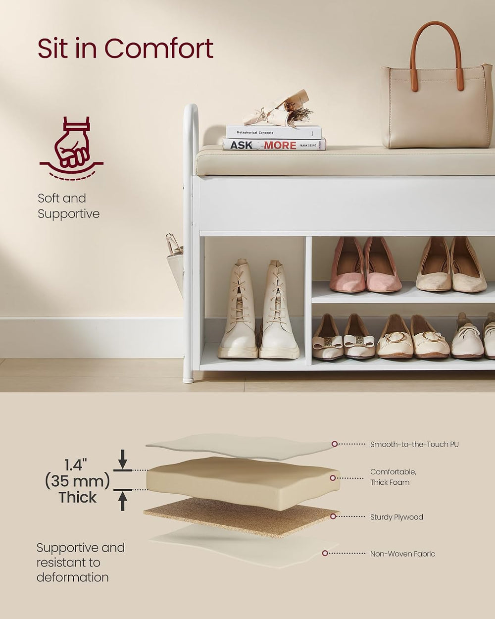 VASAGLE Shoe Bench, Shoe Rack, Inner Storage Under the Lid