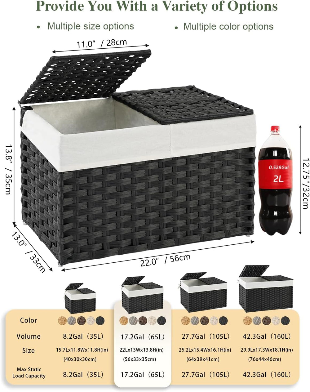 Storage Basket with Lid PE Rattan Woven Storage Bins, 65L Black