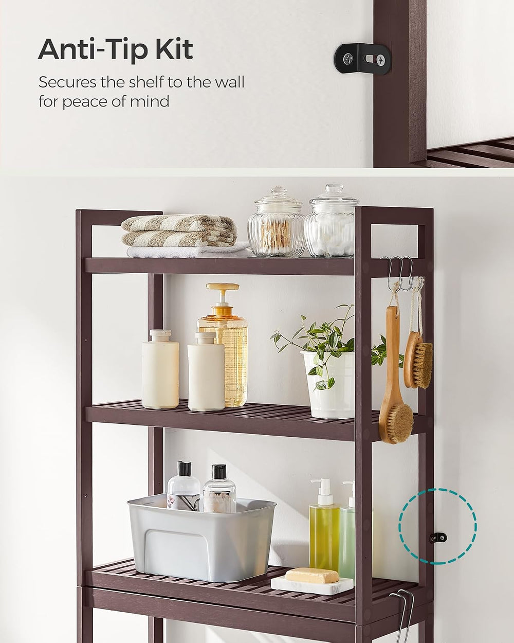 SONGMICS 3-Tier Bamboo Over The Toilet Storage, Adjustable Shelf, 66.9'&#...