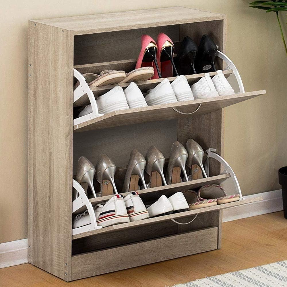 BAKAJI Shoe Rack Space Saving Melamine Wood with 2 Folding Doors and Double D...