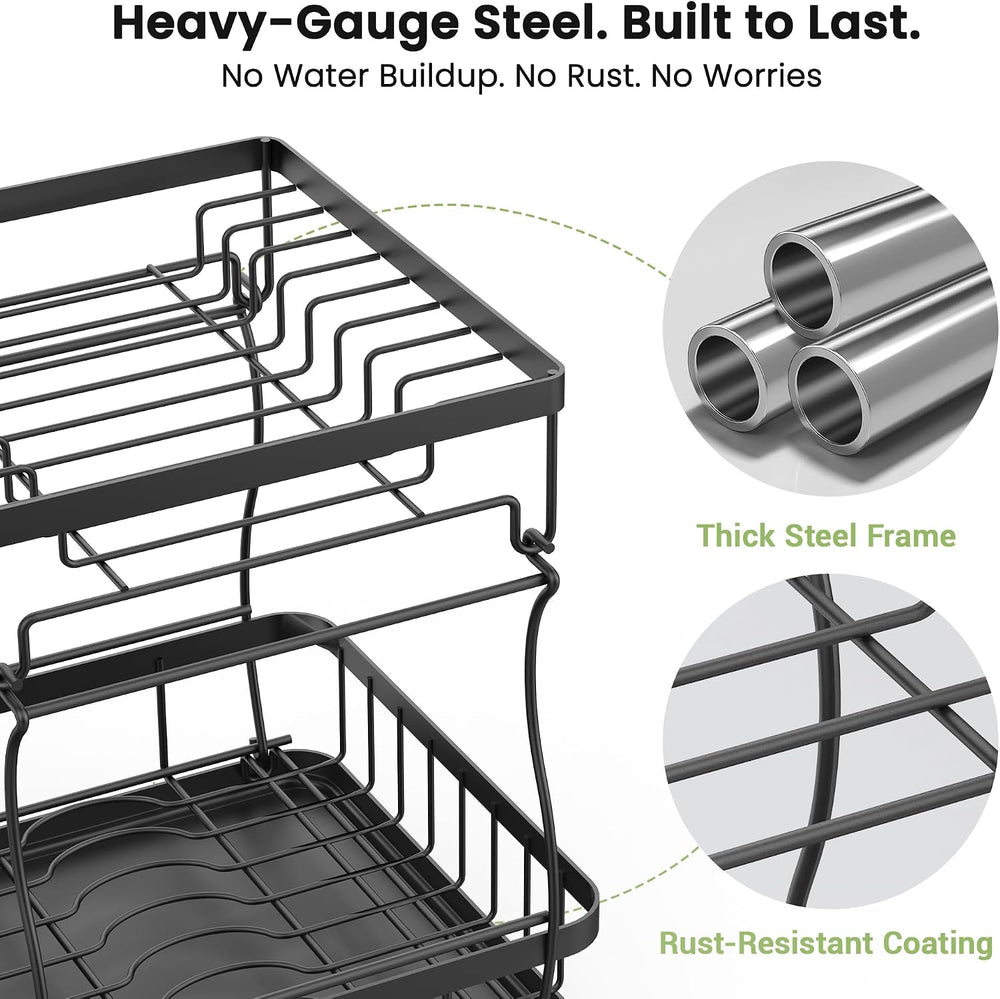 2-Tier Large Dish Drying Rack for Kitchen Counter, Black