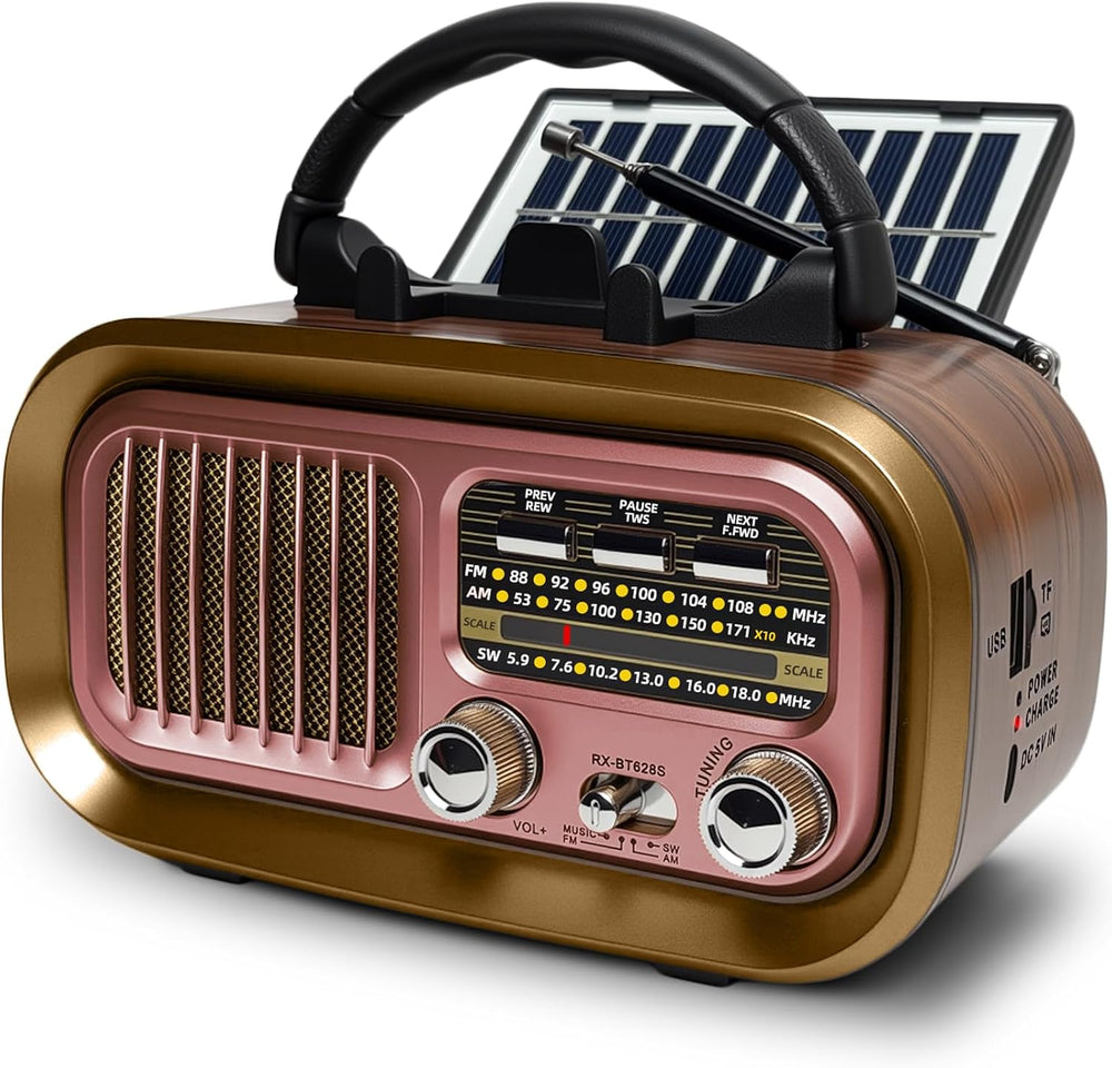 Portable AM FM SW Radio with Bluetooth, Retro Radio with Solar Panel