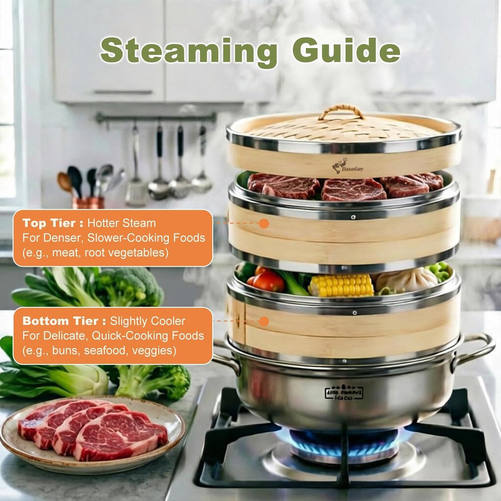 Bamboo Steamer Basket with Stainless Steel Rim 10 Inch Dumpling Steamer Kit