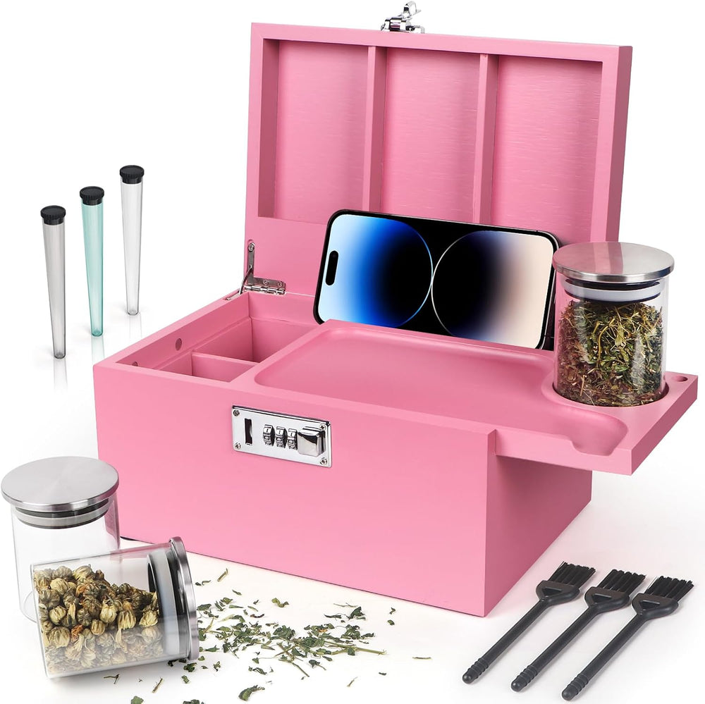 Large Pink Bamboo Box with Combination Lock, Decorative Storage Box with Deta...