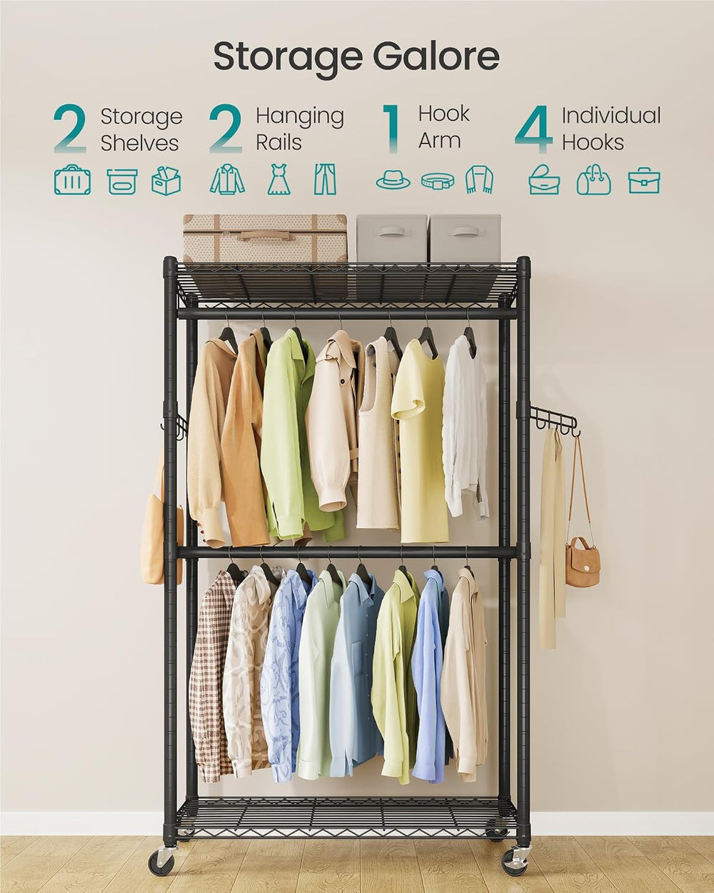 SONGMICS Heavy-Duty Clothes Rack, Portable Closet on Wheels, Garment Rack